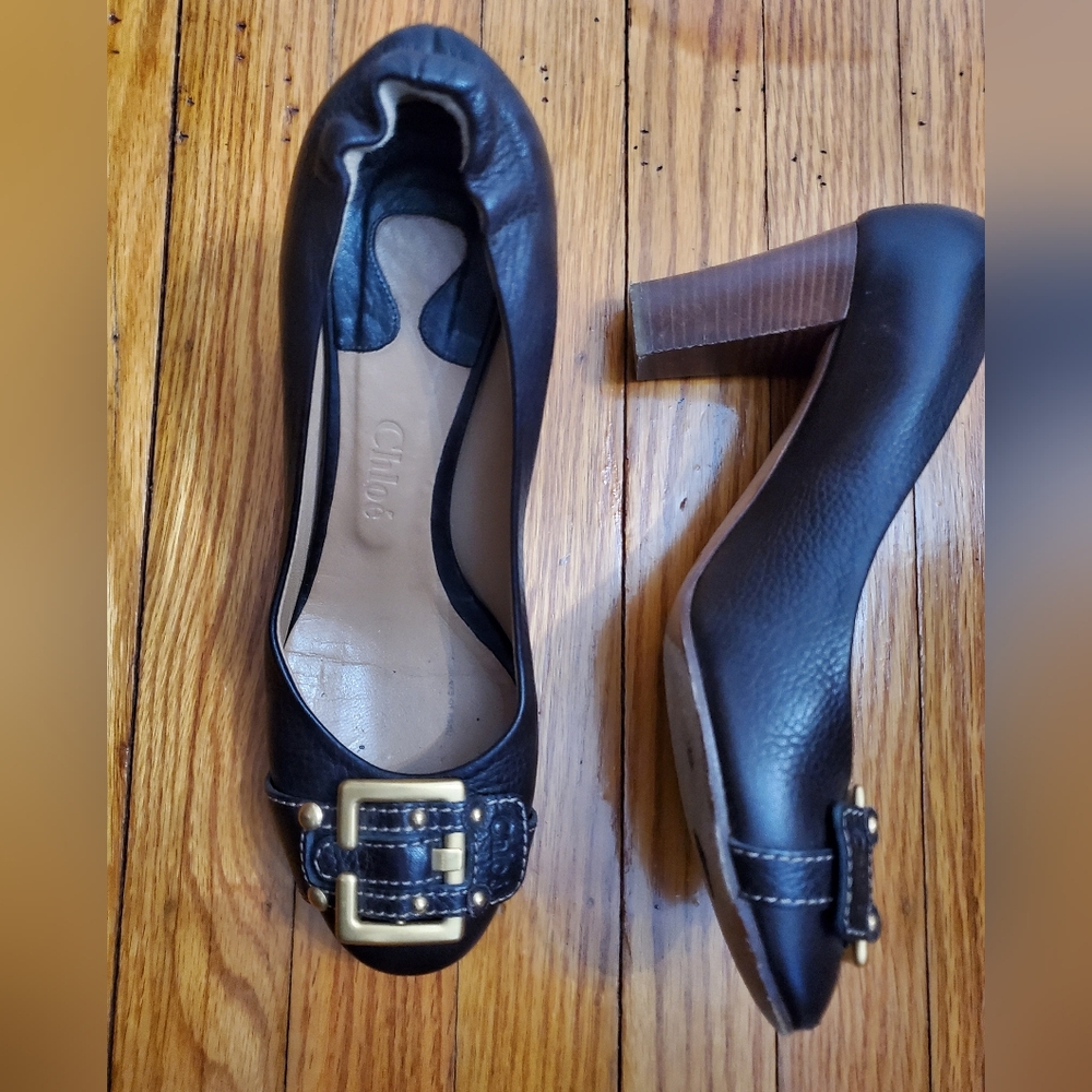 Chloe Black Leather Heels with Gold Buckle Sz 38